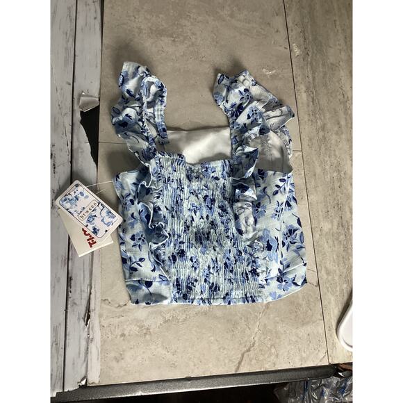 BTWEEN Girl's Blue & White Floral Print Knotted Tank Top 6 - Picture 2 of 3